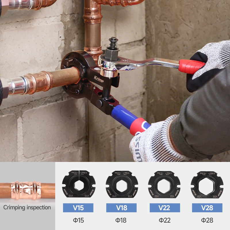 IWS-1632CF European Copper Pipe Press Tool V Profile for Ø15–Ø28 mm Tubes, Manual & Electric Dual-Drive Crimping Wrench with Cutter, Compatible with European Press Fitting Systems, Compact Design for Tight Spaces