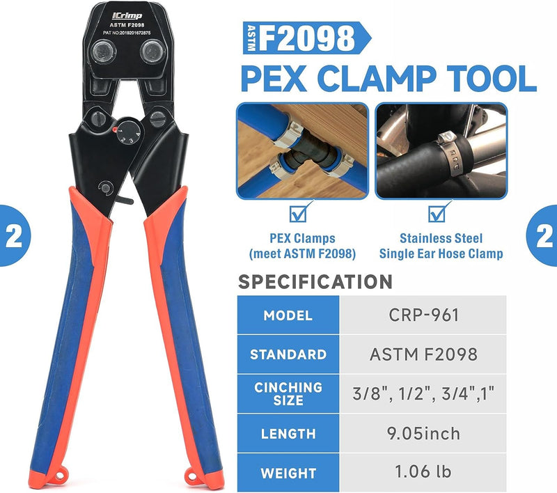 ICP-PK01 KIT PEX Crimping Tool Set for Copper Crimp Ring and PEX Cinch Clamp, Crimping and Removing PEX Crimp Fittings 1/2'', 3/4'', 1'', 7 Pieces PEX Pipe Tools iCrimp