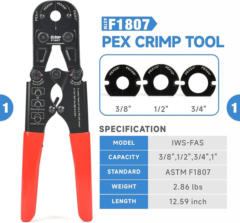 ICP-PK01 KIT PEX Crimping Tool Set for Copper Crimp Ring and PEX Cinch Clamp, Crimping and Removing PEX Crimp Fittings 1/2'', 3/4'', 1'', 7 Pieces PEX Pipe Tools iCrimp