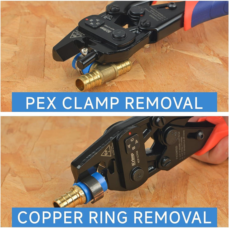 ICP-PK01 KIT PEX Crimping Tool Set for Copper Crimp Ring and PEX Cinch Clamp, Crimping and Removing PEX Crimp Fittings 1/2'', 3/4'', 1'', 7 Pieces PEX Pipe Tools iCrimp