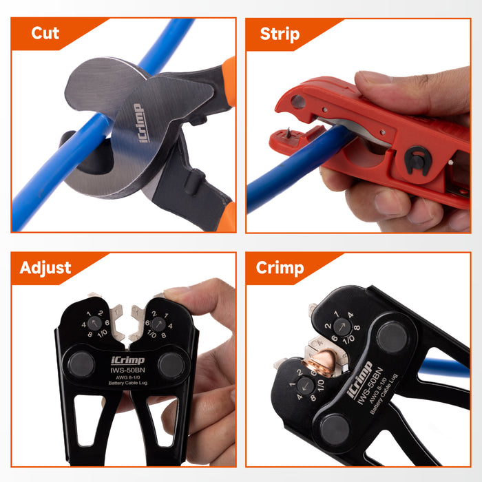 IWS-50BN Kit Battery Cable Lug Crimping Tool Kit for AWG 8-1/0 Electrical Lug with cable cutter & Stripper