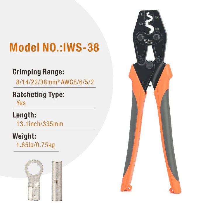 IWS-38 Crimper for AWG 8-2 Works for Non-Insulated Terminals and Butt/Splice/Open/Plug Connectors for Auto Electrical, Motorcycle Wiring Repairs Hand Crimping Pliers iCrimp