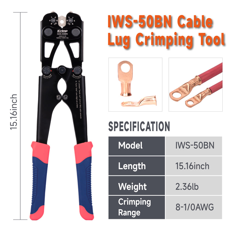 IWS-50BN Battery Cable Lug Crimping Tool for 8, 6, 4, 2, 1, 1/0 AWG Copper Cable Lugs, Battery Terminal Crimper Crimping Tools IWISS TOOLS