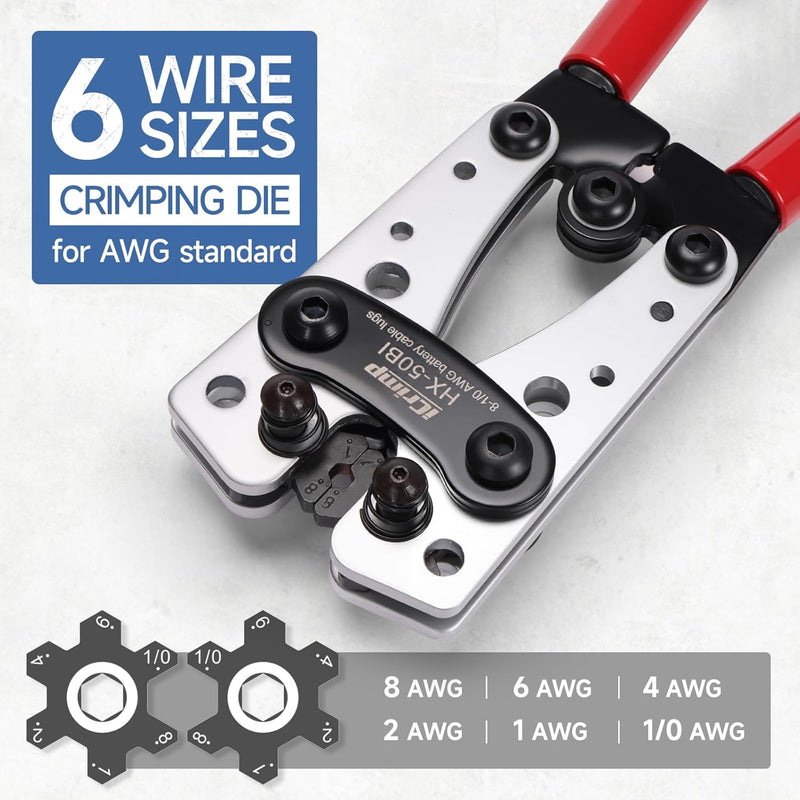 HX-50BI Wire Terminal Crimping Tool, Cable Lug Crimper for AWG8-1/0 CU/Al Terminal Lugs