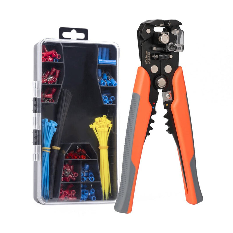 ICP-338 Kit Wire Stripper Tool Kit, Adjustable Stripper for 22-10 AWG with Insulated Terminals and Cable Tie Wire Stripper & Cable Cutter IWISS