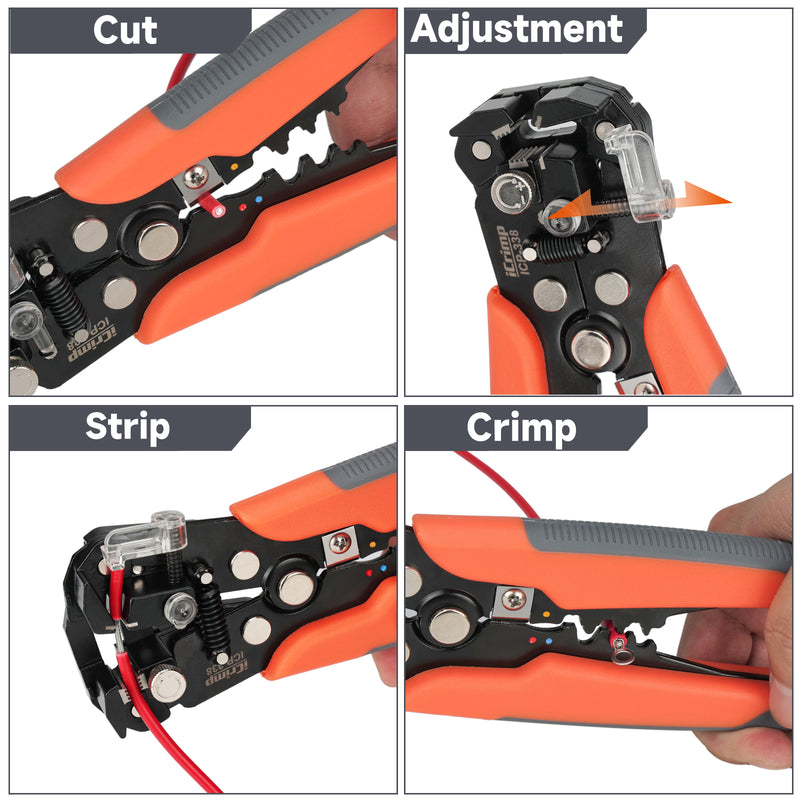 ICP-338 Kit Wire Stripper Tool Kit, Adjustable Stripper for 22-10 AWG with Insulated Terminals and Cable Tie Wire Stripper & Cable Cutter IWISS