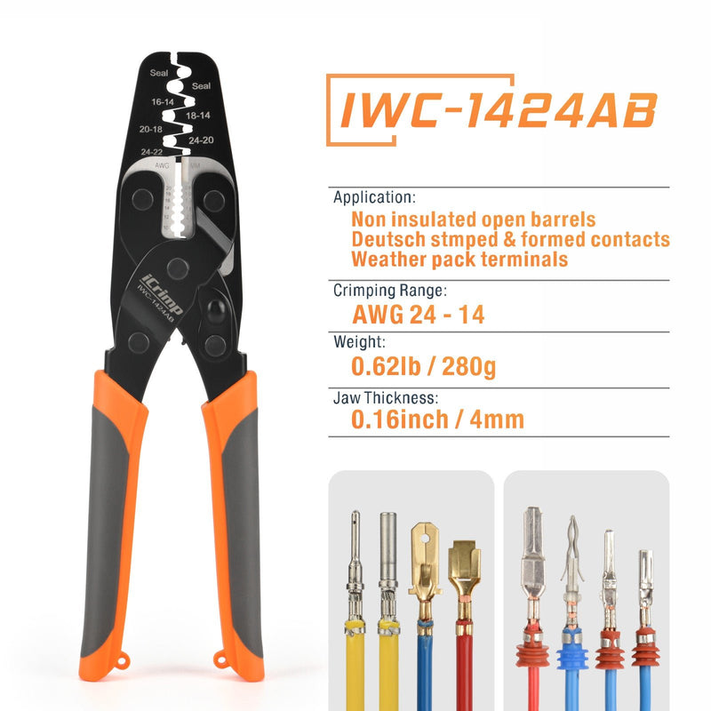 IWC-1424AB Open Barrel Terminal& Weather Pack Terminal Crimper for AWG 24-14 with Built-in Wire Stripper&Cutter Hand Crimping Pliers iCrimp