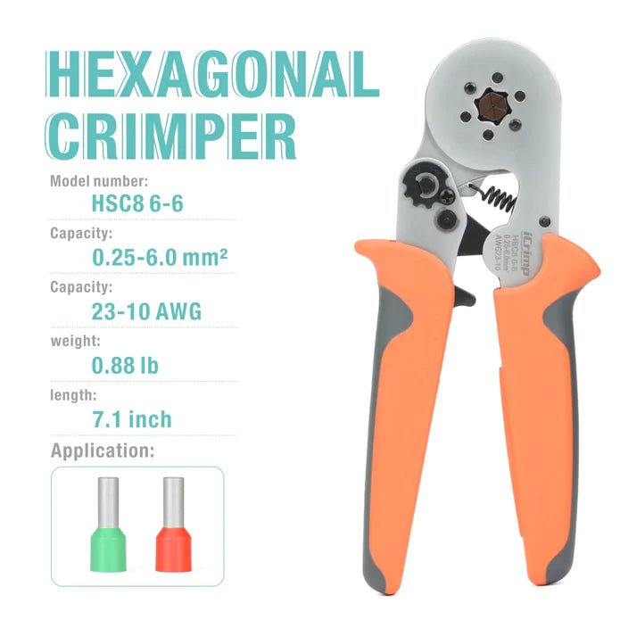 HSC8 6-6 Wire Ferrule Crimping Tool, Hexagonal Crimp Profile, Self-adjusting Wire End-sleeves Crimper for AWG23-10 Hand Crimping Pliers iCrimp