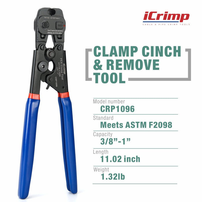CRP1096 KIT Ratchet PEX Clamp Tool with Removing function for 3/8 to 1-inch Stainless Steel Clamps with 30PCS PEX Clamps and Pipe Cutter