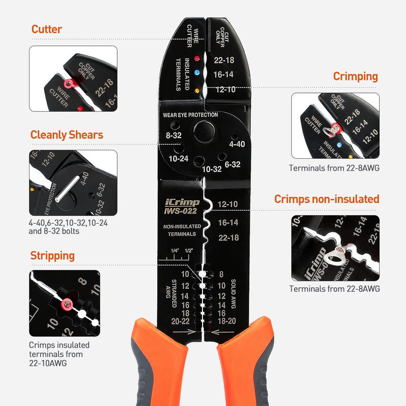 IWS-022 5-in-1 Multi-function Tool, Wire Stripper, Wire Cutter, Crimper for AWG22-10 Insulated and Non-insulated Terminals Cable Stripper & Wire Cutters iCrimp