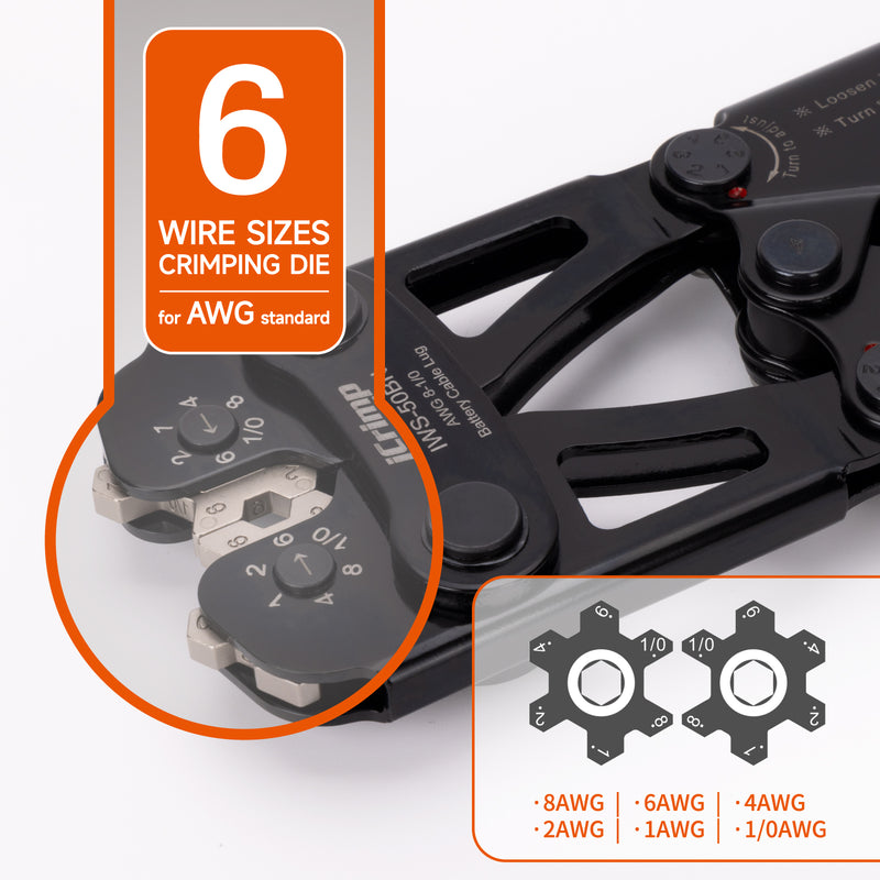 IWS-50BN Kit Battery Cable Lug Crimping Tool Kit for AWG 8-1/0 Electrical Lug with cable cutter & Stripper Hand Crimping Pliers IWISS TOOLS