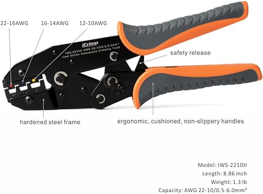 IWS-2210H Crimping Tool For Heat Shrink Connectors, Ratcheting Wire Crimpers 22-10 AWG