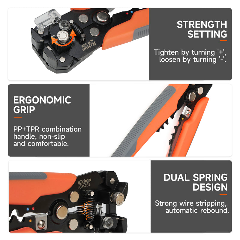 ICP-338 Kit Wire Stripper Tool Kit, Adjustable Stripper for 22-10 AWG with Insulated Terminals and Cable Tie Wire Stripper & Cable Cutter IWISS