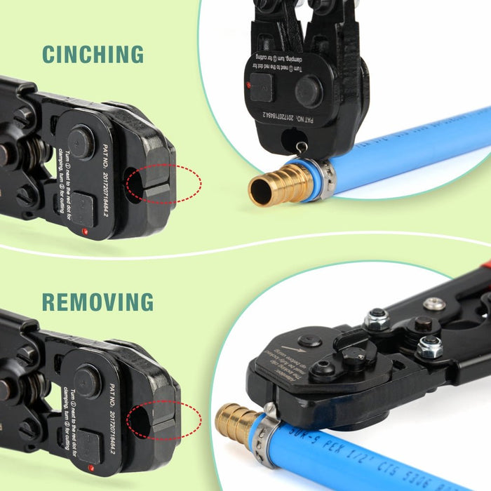 CRP1096 KIT Ratchet PEX Clamp Tool with Removing function for 3/8 to 1-inch Stainless Steel Clamps with 30PCS PEX Clamps and Pipe Cutter