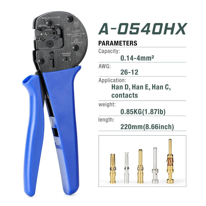 A-0540HX Ratchet Crimper for Harting Han C, Han D, Han E Contacts AWG26-12