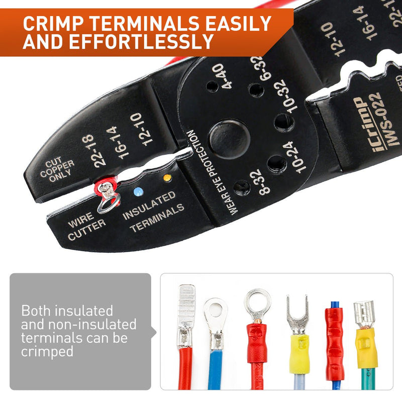 IWS-022 5-in-1 Multi-function Tool, Wire Stripper, Wire Cutter, Crimper for AWG22-10 Insulated and Non-insulated Terminals Cable Stripper & Wire Cutters iCrimp