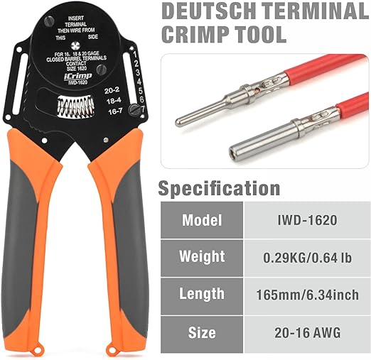 IWD-1620 Deutsch Size 16 Crimper, Solid Barrel Contact & Circular Connector Contacts Crimping Tool, 8 Indents Wire Crimper, AWG16-20 Hand Crimping Pliers iCrimp