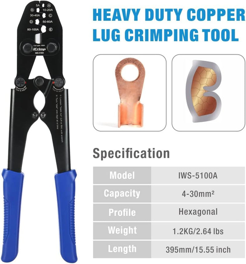‎IWS-5100A Battery Cable Crimper for AWG13-3 Open Barrel Lug, Lead-Free OEM Battery Terminals Hand Crimping Pliers IWISS TOOLS