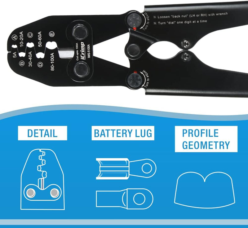 ‎IWS-5100A Battery Cable Crimper for AWG13-3 Open Barrel Lug, Lead-Free OEM Battery Terminals Hand Crimping Pliers IWISS TOOLS