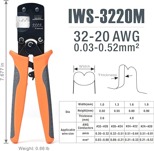 IWS-3220M Micro Connector Pin Crimping Tool 0.03-0.52mm² 32-20AWG Ratcheting Crimper for D-Sub,Open Barrel suits Molex,JST,JAE Hand Crimping Pliers IWISS