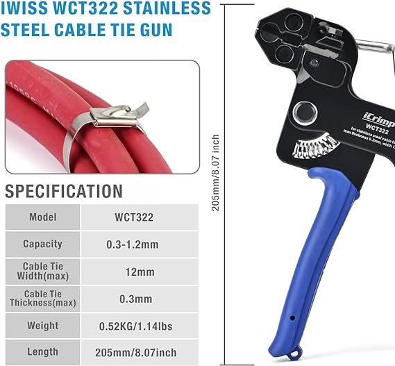 WCT322-KIT Stainless Steel Cable Tie Tool Zip Gun, 100pcs 11.8 inch Metal Cable Ties included Cable Tie Guns iCrimp