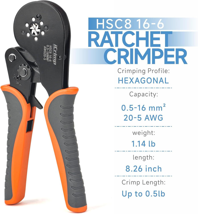 HSC8 16-6 Hexagonal Type Ratchet Crimping Tools for 0.5-16.0mm2 End Sleeves Hand Crimping Pliers iCrimp