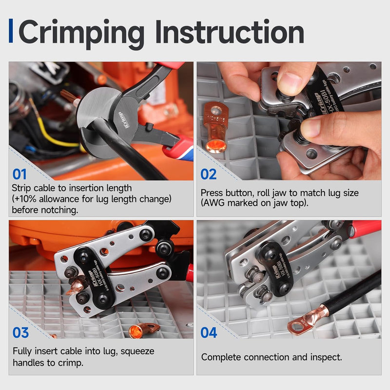 HX-50BI Wire Terminal Crimping Tool, Cable Lug Crimper for AWG8-1/0 CU/Al Terminal Lugs