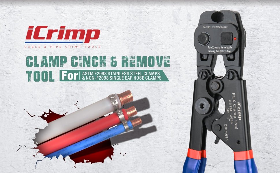 CRP1096 KIT Ratchet PEX Clamp Tool with Removing function for 3/8 to 1-inch Stainless Steel Clamps with 30PCS PEX Clamps and Pipe Cutter