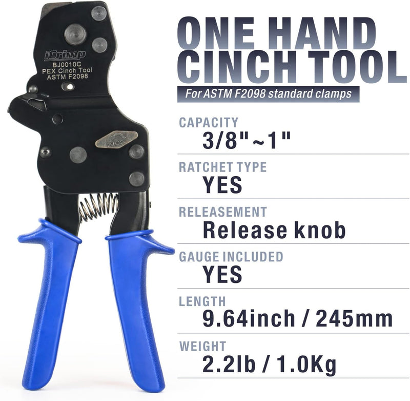 BJ0010C Ratchet One Hand PEX Cinch Clamp Fastening Tool for Clamping Pipe Tubing 3/8", 1/2", 3/4", 5/8" and 1"