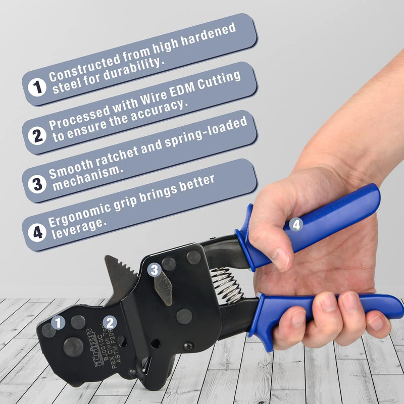 BJ0010C Ratchet One Hand PEX Cinch Clamp Fastening Tool for Clamping Pipe Tubing 3/8", 1/2", 3/4", 5/8" and 1"