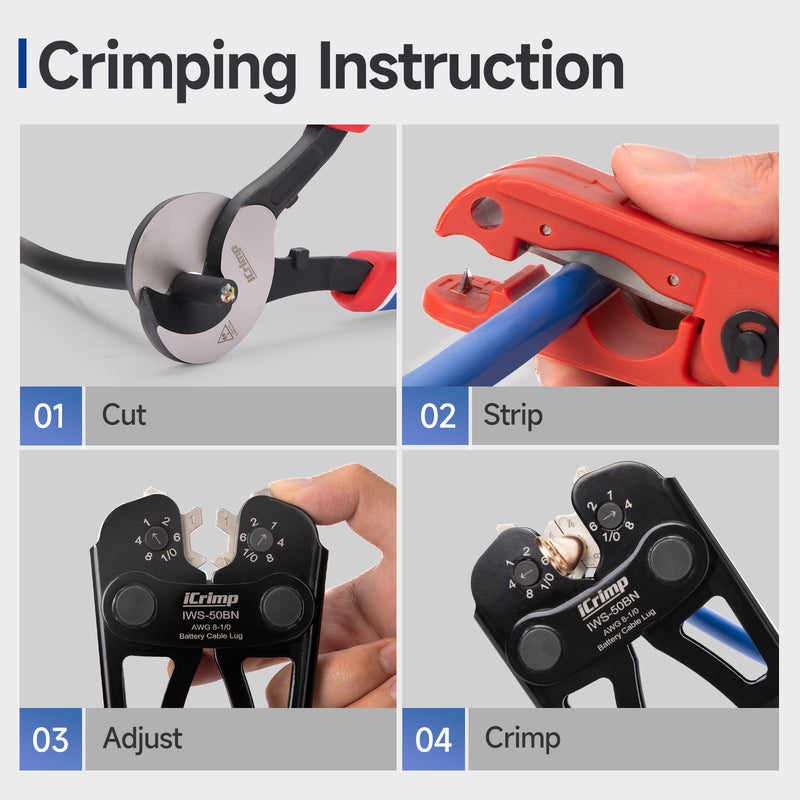 IWS-50BN Kit Battery Cable Lug Crimping Tool Kit for AWG 8-1/0 Electrical Lug with cable cutter & Stripper