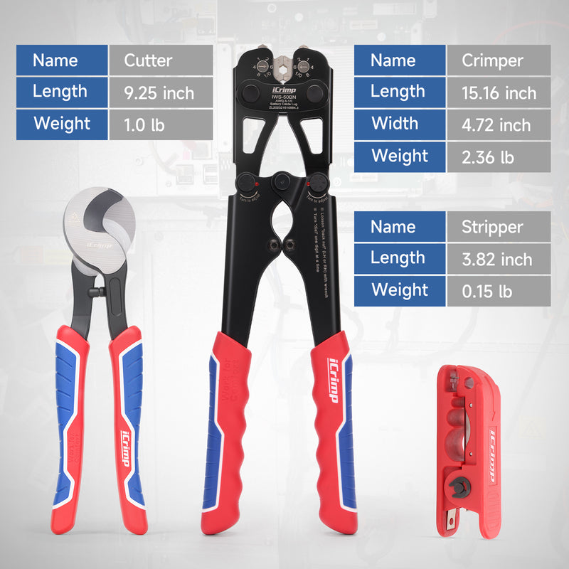 IWS-50BN Kit Battery Cable Lug Crimping Tool Kit for AWG 8-1/0 Electrical Lug with cable cutter & Stripper