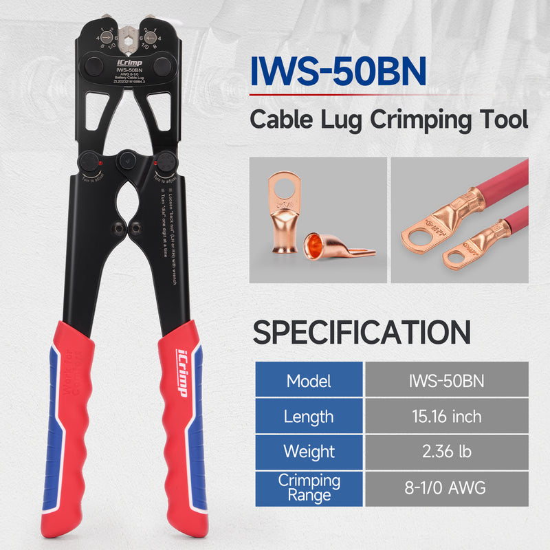 IWS-50BN Kit Battery Cable Lug Crimping Tool Kit for AWG 8-1/0 Electrical Lug with cable cutter & Stripper