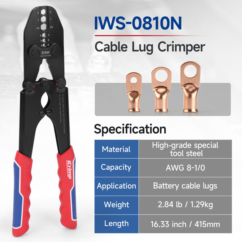 IWS-0810N Battery Cable Terminal Lug Crimping Tool for 8,6,4,2,1,1/0 AWG Electrical Copper Battery Lugs, Fixed Hexagonal Crimping Die Sets