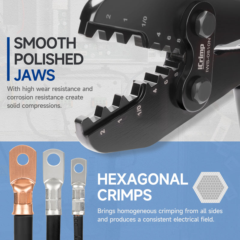 IWS-0810N Battery Cable Terminal Lug Crimping Tool for 8,6,4,2,1,1/0 AWG Electrical Copper Battery Lugs, Fixed Hexagonal Crimping Die Sets