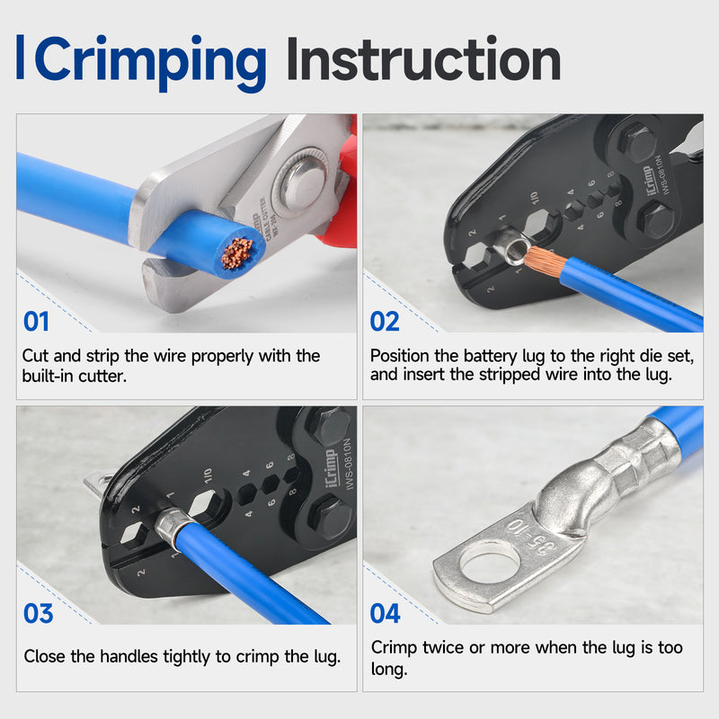 IWS-0810N Battery Cable Terminal Lug Crimping Tool for 8,6,4,2,1,1/0 AWG Electrical Copper Battery Lugs, Fixed Hexagonal Crimping Die Sets