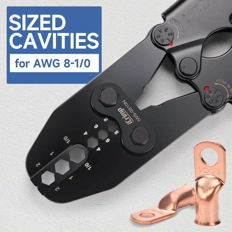 IWS-0810N Battery Cable Terminal Lug Crimping Tool for 8,6,4,2,1,1/0 AWG Electrical Copper Battery Lugs, Fixed Hexagonal Crimping Die Sets