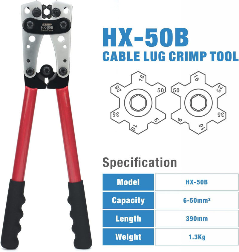 ‎KIT-50B Battery Cable Terminal Crimper Kit for Crimping 6-50mm² Battery Cable Lugs, c/w Cable Cutter, Cable Stripping Knife Hand Crimping Pliers iCrimp