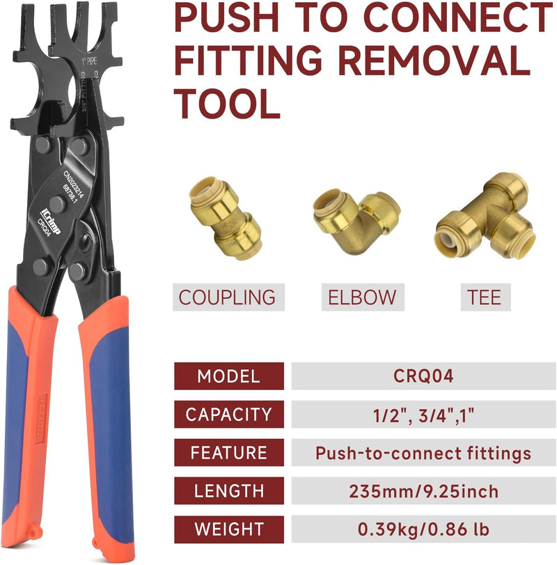 CRQ04 PEX Push to Connect Fitting Disconnect Tong, 1/2 inch, 3/4 inch, 1 inch Removal Tool for Push-Fit Connectors, PEX & Copper Tubings PEX Pipe Tools iCrimp