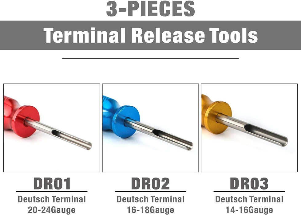 DR01,02,03 Contact Removal Tools, DT Series, Terminal Extraction Tool Kit for Deutsch Solid Contacts, 14 to 24 Gauge, 3 Pieces