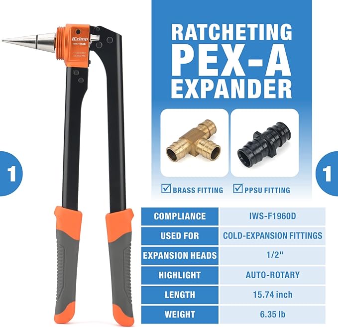 IWS-1960D Expansion Tool Kit, Auto Rotate PEX-a Tubing Expander with 1/2 Inch Expander Head PEX Pipe Tools IWISS