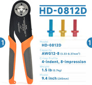 HD-0812D 12-8 AWG Upper Range Crimp Tool, 8 Indent Deutsch Solid Contacts & Harting HAN C, HAN D, HAN E Heavy Duty Contacts Hand Crimping Pliers iCrimp