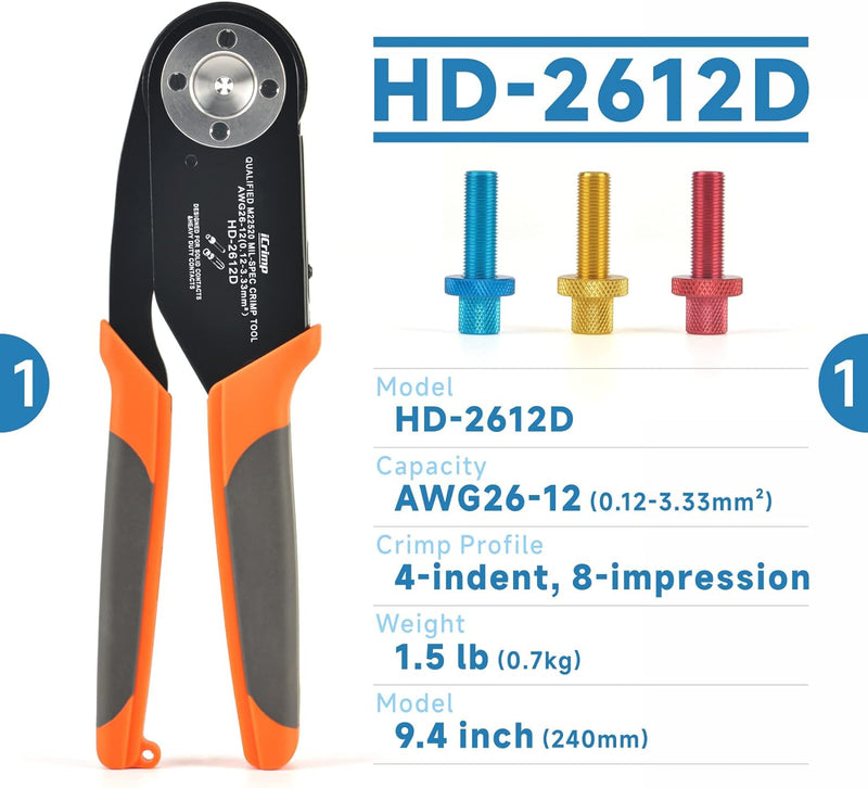HD-2612D Deutsch Crimper for DT, DTM, DTP Connectors(12-26AWG), Size 20, 16, 12 Solid Contacts, Equivalent to HDT-48-00 Hand Crimping Pliers iCrimp