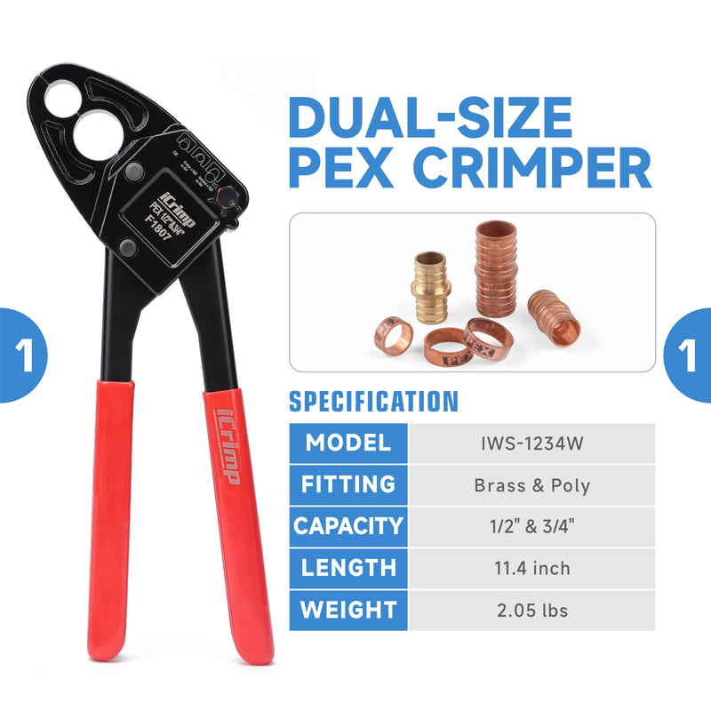 ICP-1234AH Dual Size PEX Crimp Tool Kit for 1/2" & 3/4" Copper Crimp Rings, with PEX Removal Tool and Cutter PEX Pipe Tools iCrimp