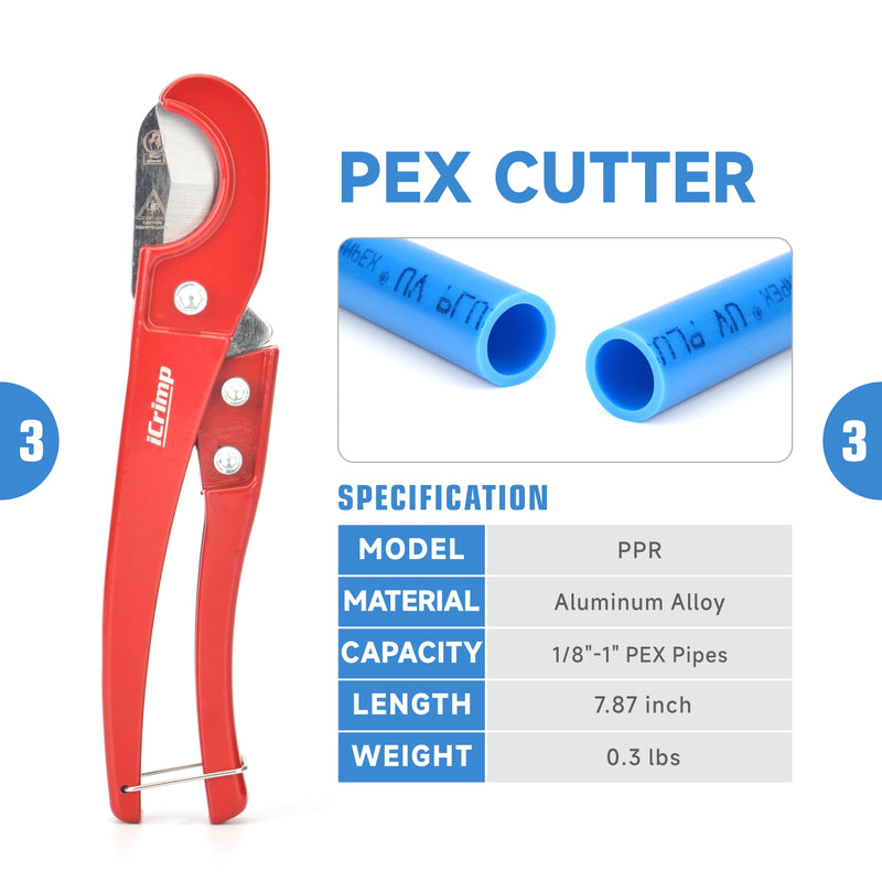 ICP-1234AH Dual Size PEX Crimp Tool Kit for 1/2" & 3/4" Copper Crimp Rings, with PEX Removal Tool and Cutter PEX Pipe Tools iCrimp