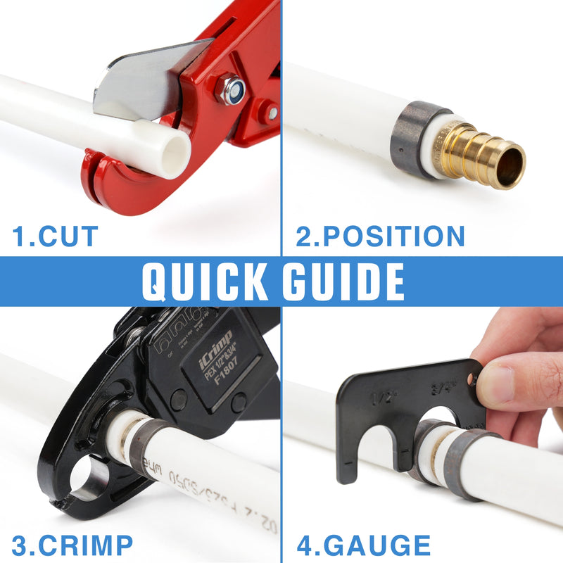 ICP-1234AH Dual Size PEX Crimp Tool Kit for 1/2" & 3/4" Copper Crimp Rings, with PEX Removal Tool and Cutter PEX Pipe Tools iCrimp