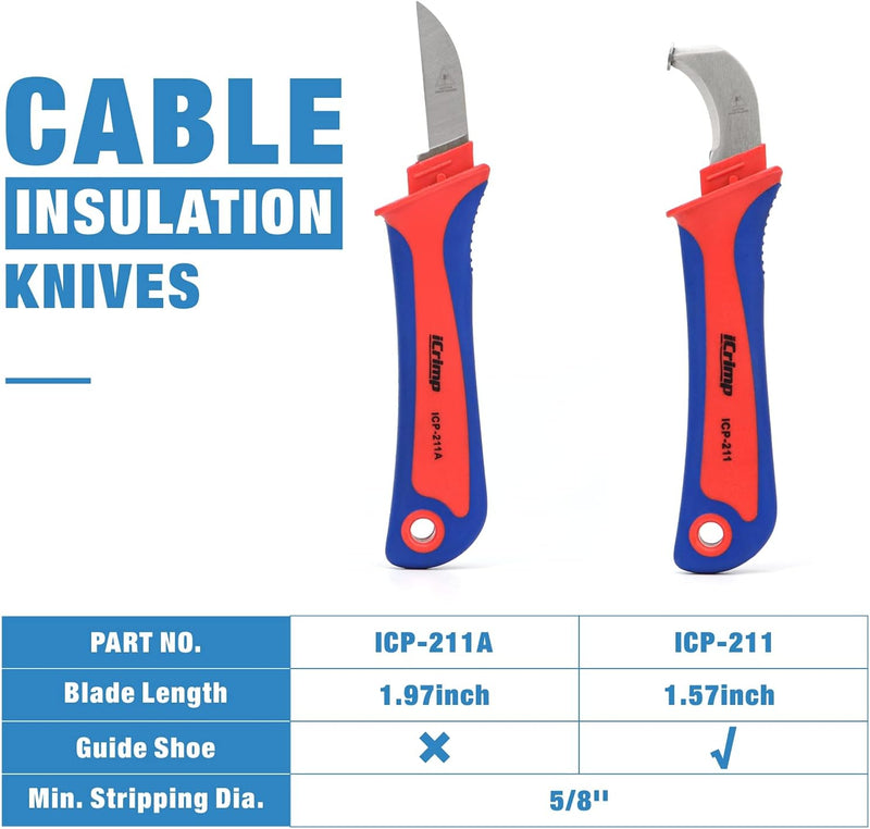 ICP-211 ICP-211A Utility Knife for Cable Skinning, Wire Insulation Dismantling Knife, 2-Pack Insulated Electricians Cable Stripping Knives, Fixed Blade Wire Stripper & Cable Cutter iCrimp