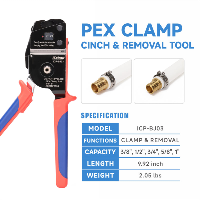 ICP-BJ03 PEX Clamp Tool for Cinch and Removal of 3/8-in, 1/2-in, 3/4-in and 1-in PEX Clamp Rings, One-handed PEX Crimping Tool PEX Pipe Tools iCrimp