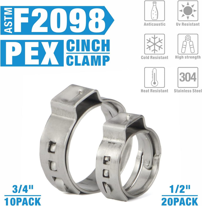 ICP-PC02KIT PEX Clamp Cinch & Removal Tool for 3/8-in to 1-in Pinch Clamp Rings with 20pcs 1/2-in & 10pcs 3/4-in Clamps, Meets ASTM F2098 Standard