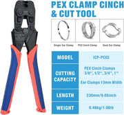 ICP-PC02KIT PEX Clamp Cinch & Removal Tool for 3/8-in to 1-in Pinch Clamp Rings with 20pcs 1/2-in & 10pcs 3/4-in Clamps, Meets ASTM F2098 Standard PEX Pipe Tools iCrimp